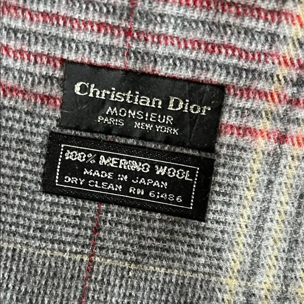 Christian Dior 100% Merino Wool Plaid Fringe Scarf